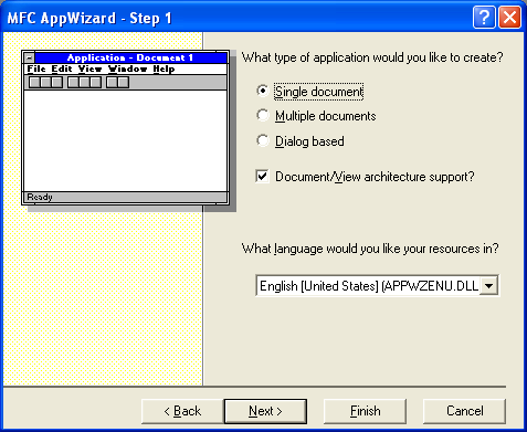 Figure 4: MYMFC29C – AppWizard step 1 of 6, SDI application.