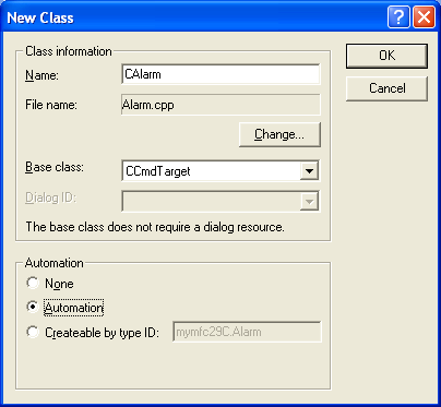 Figure 18: Entering CAlarm class information.