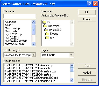 Figure 21: ClassWizard database building files inclusion dialog.