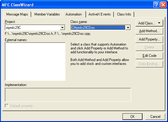 Figure 25: Adding property through Automation page of ClassWizard.