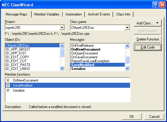 Figure 32: Adding SaveModified() message handler to CMymfc29CDoc class.