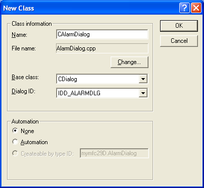 Figure 35: Entering CAlarmDialog class information, without Automation support.