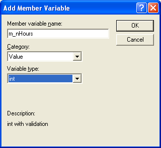 Figure 37: Adding m_nHours member variable to IDC_HOURS Edit control.