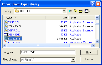 Figure 47: Selecting the Excel type library file. Take note that it is Excel executable file.