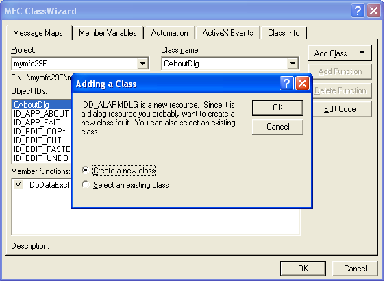 Figure 10: Adding new class, CAlarmDialog for the dialog.