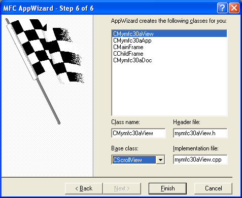 Figure 9: MYMFC30A – AppWizard step 6 of 6.
