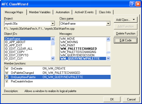 Figure 19: Adding Windows message handlers to CMainFrame class.