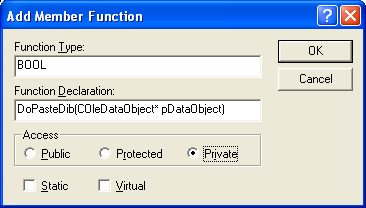 Figure 1: Adding member function, DoPasteDib() to CMymfc30aView class.