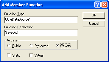 Figure 20: Adding member function, SaveDib() to CMymfc30aView class.