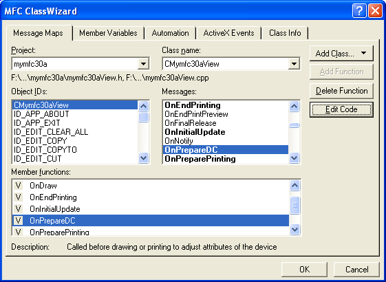 Figure 21: Adding/overriding OnPrepareDC() virtual function.