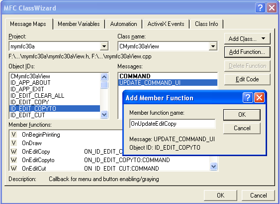 Figure 23: Adding Command and Update Commands to CMymfc30aView class.