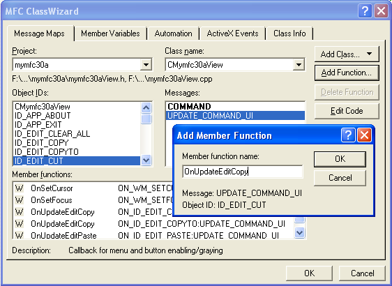 Figure 24: Adding Command and Update Commands to CMymfc30aView class.