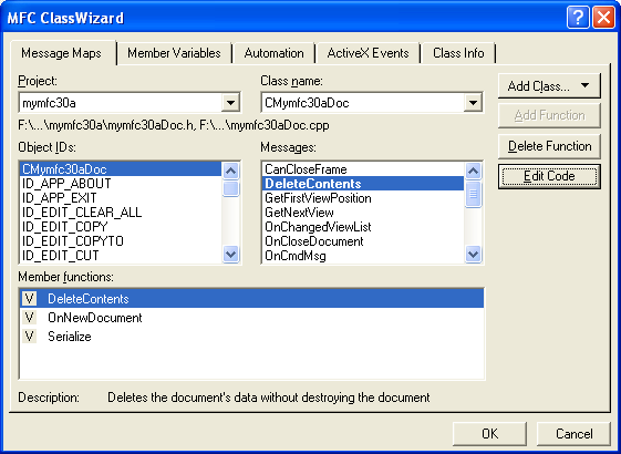 Figure 26: Adding DeleteContents() to CMymfc30aDoc class.