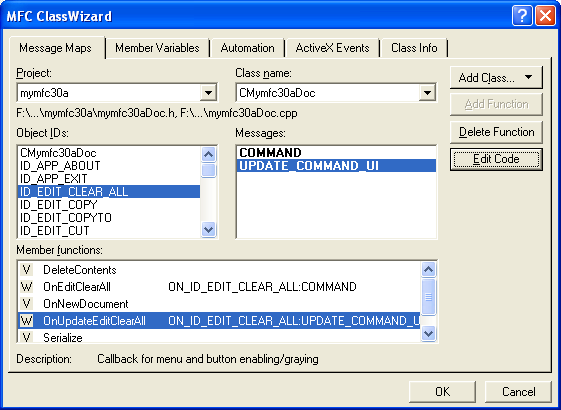Figure 27: Adding command and update command for ID_EDIT_CLEAR_ALL.