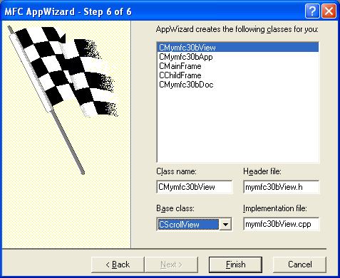 Figure 8: MYMFC30B – AppWizard step 4 of 6, change the view base class to CScrollView.