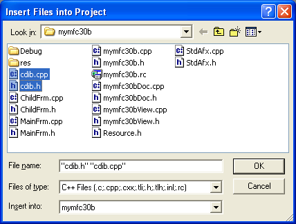 Figure 11: Selecting cdib.cpp and cdib.h files for Cdib class.