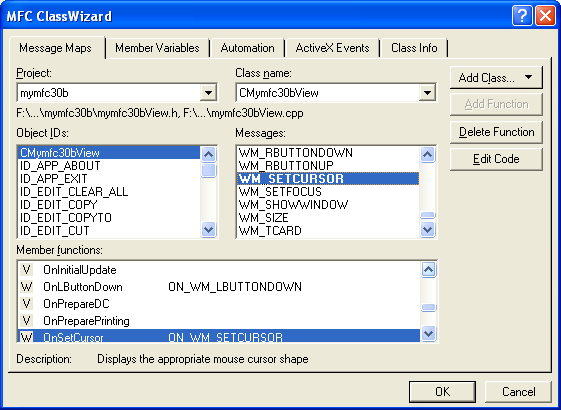 Figure 18: Adding window messages to the CMymfc30bView class.