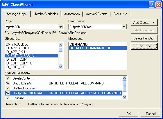 Figure 24: Adding command and update command for ID_EDIT_CLEAR_ALL.