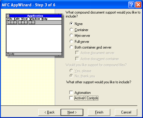 Figure 5: MYMFC31A – AppWizard step 3 of 6, deselect Automation and ActiveX Controls support options.