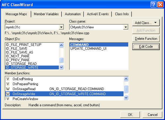 Figure 43: Adding command handlers to CMymfc31cView class.