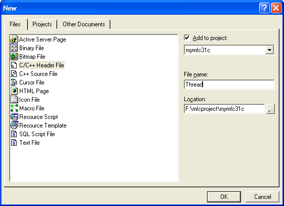 Figure 45: Adding Thread.h file to MYMFC31C. Repeat for other two source files.