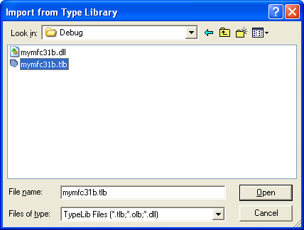 Figure 47: Browsing and selecting the mymfc31b.tlb type library file.