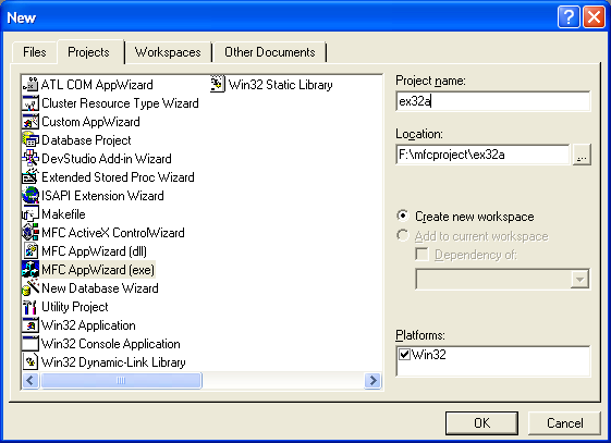 Figure 2: EX32A – Visual C++ new project dialog.