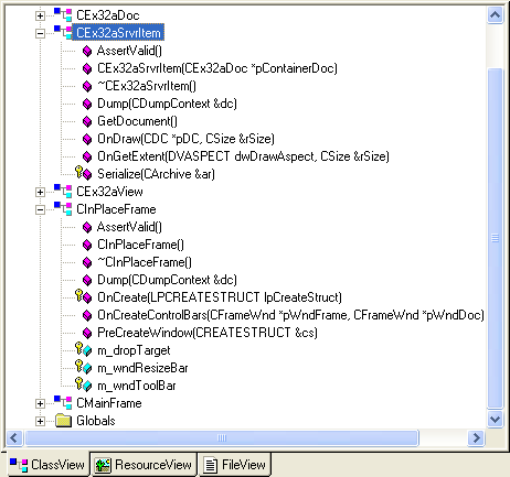 Figure 11: Generated classes for EX32A viewed through ClassView.