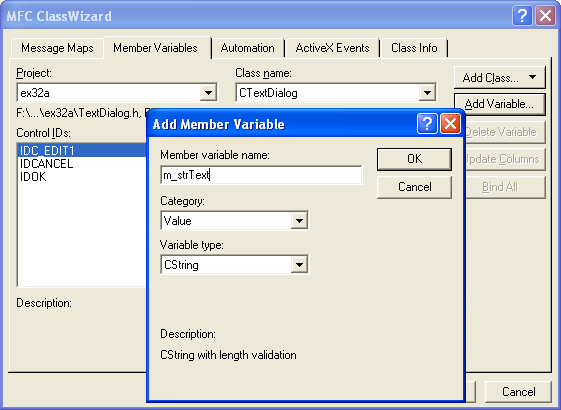 Figure 17: Adding m_strText member variable to IDC_EDIT1 of CTextDialog class.