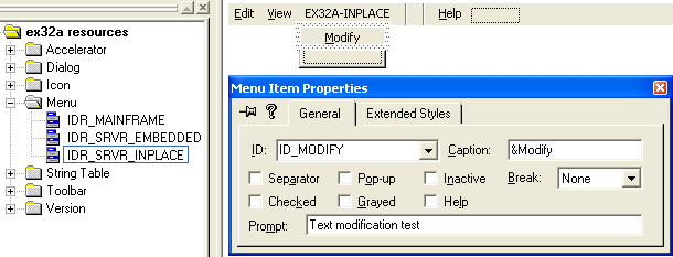 Figure 19: Adding new menu and its item to IDR_SRVR_INPLACE.