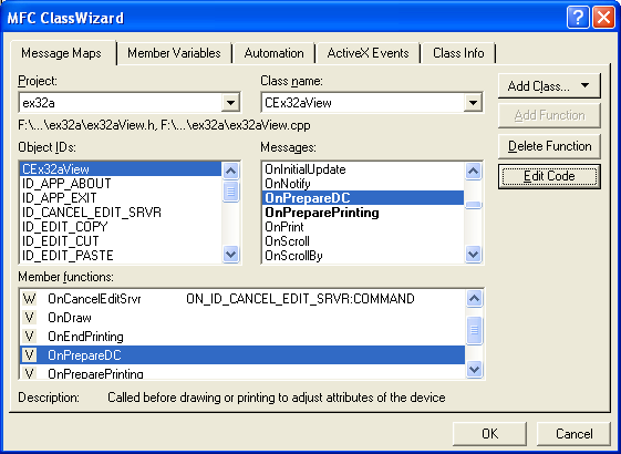 Figure 21:  Overriding the view's OnPrepareDC() function.