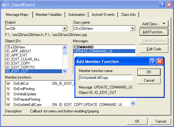 Figure 22: Adding update command handler for ID_EDIT_CUT.