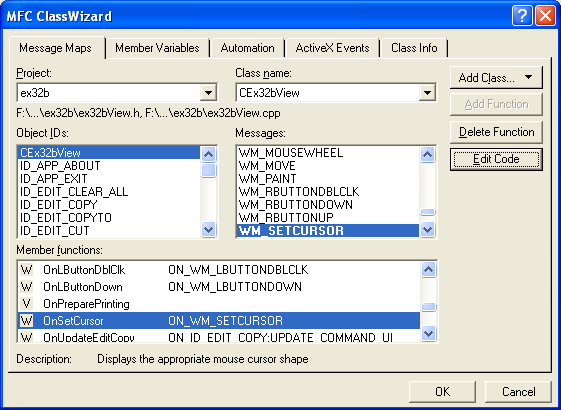 Figure 23: Adding Window message handlers to CEx32bView class.