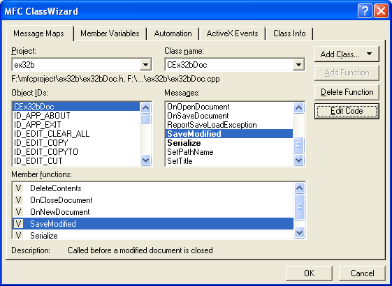 Figure 24: Adding message handlers to CEx32bDoc class.