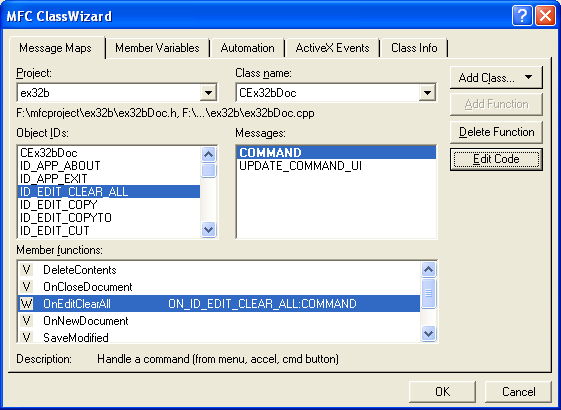 Figure 25: Adding message map for the Clear All menu to the CEx32bDoc class.
