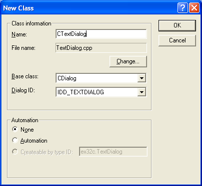 Figure 16: Adding CTextDialog class and its information.