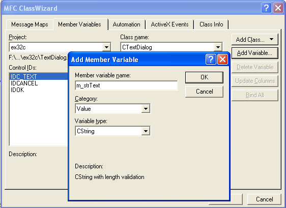 Figure 17: Adding m_strText member variable to IDC_TEXT Edit control of CTextDialog class.