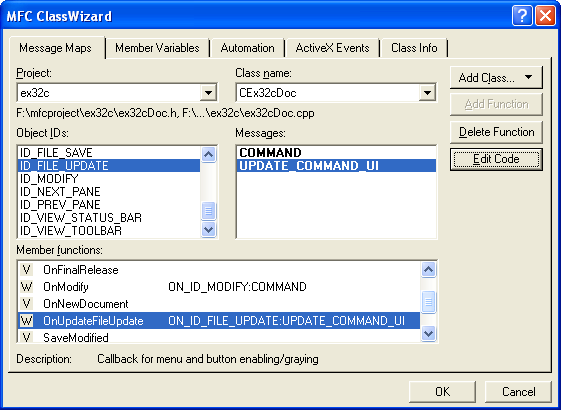 Figure 22: Adding commands and update command to CEx32cDoc class.