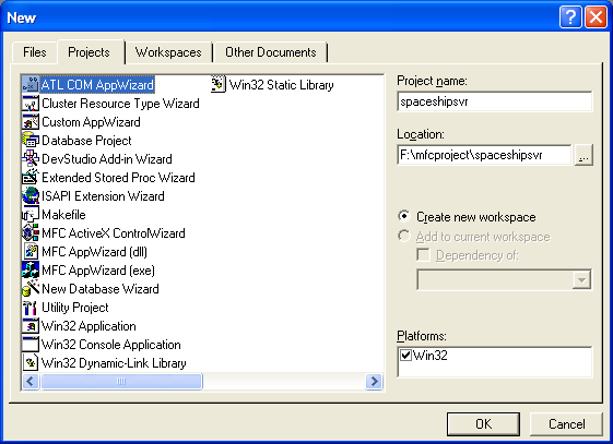 Figure 17: Selecting ATL COM AppWizard from the New dialog box.