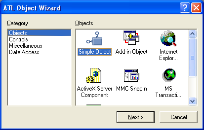 Figure 20:  Using the ATL Object Wizard to insert a new ATL-based COM class into the project.
