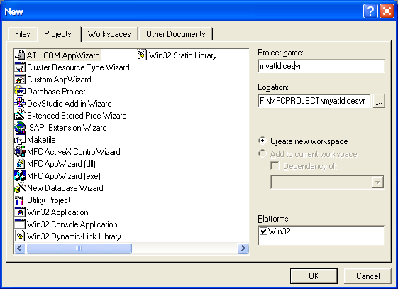 Figure 1: Myatldicesvr - Visual C++ new ATL COM AppWizard project dialog.