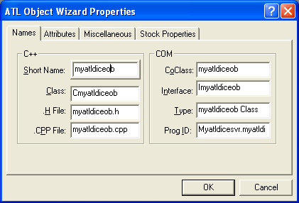 Figure 52:  The ATL Object Wizard Properties dialog box.