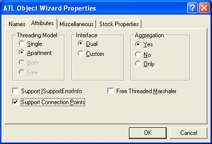 Figure 53:  The Attributes tab on the ATL Object Wizard Properties dialog box.