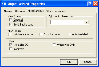 Figure 54: The Miscellaneous control properties tab on the ATL Object Wizard Properties dialog box.