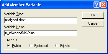 Figure 20: Adding member variable, m_nSecondDieValue to Cmyatldiceob class.