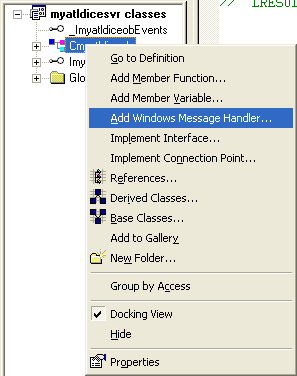 Figure 21: Adding WM_TIMER Windows message handler to Cmyatldiceob class.