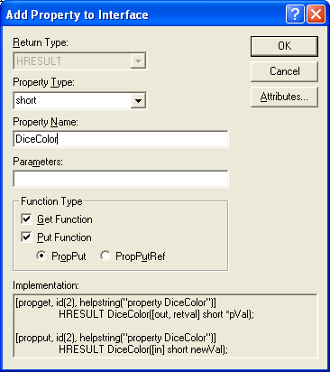 Figure 31: Adding DiceColor() property for get and put functions to Imyatldiceob interface.