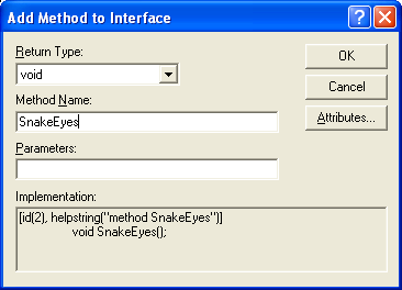Figure 35: Adding SnakeEyes() methods to _ImyatldiceobEvents interface.