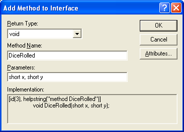 Figure 36: Adding DiceRolled() methods to _ImyatldiceobEvents interface.