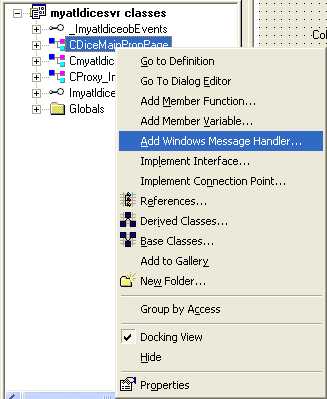 Figure 47: Adding Windows message handlers to CDiceMainPropPage class.